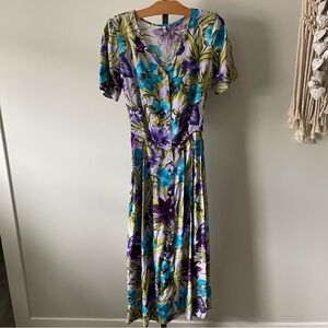 90s Vintage Floral Front Button Down Tea Dress Midi Maxi Size Medium